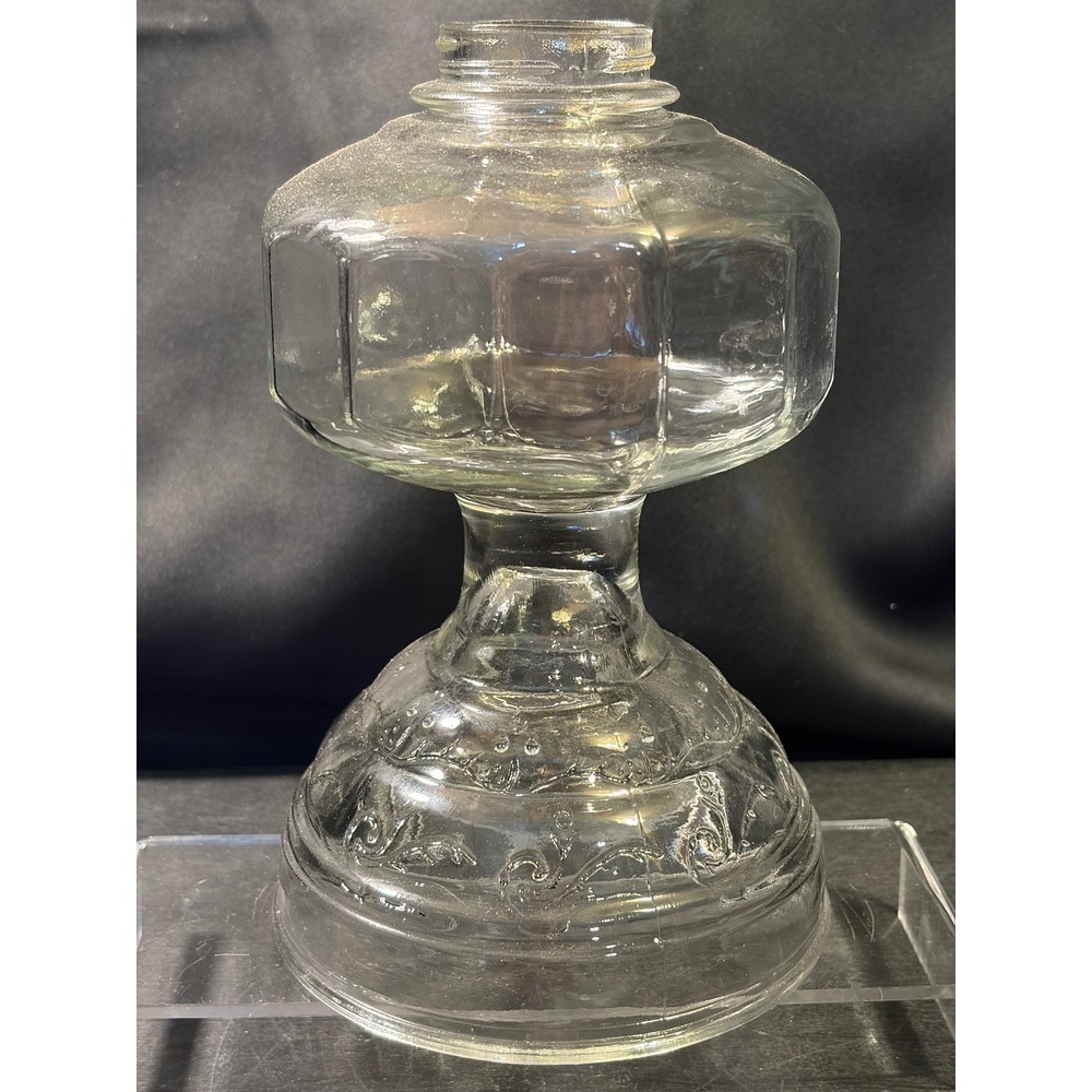 Vintage Clear Pressed Glass Oil Lamp Base Paneled Font Embossed Scroll Pattern